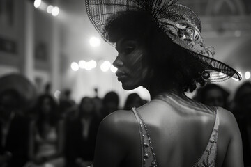 Young female model in vintage hat and dress at fashion show