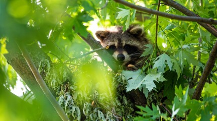 a raccoon peeking out from under leaves in a forest