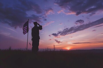 soldier saluting usa flag at sunrise national holidays and patriotic concept silhouette photography