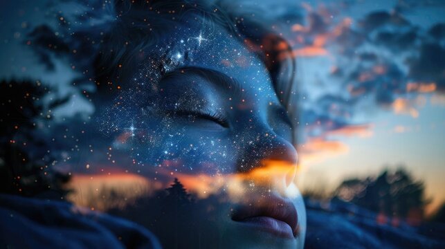 Surreal double exposure of a woman's peaceful face blending with a starry night sky and colorful sunset, representing dreams and imagination.