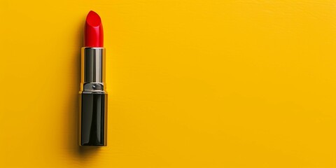 Red lipstick on a yellow background with copy space.