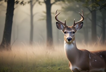 A young white-tailed deer with large antlers standing in a grassy field with blurred foliage in the background