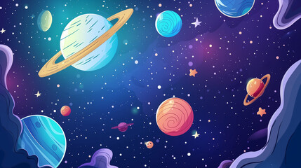 Naklejka premium Cosmic planets and stars in the deep blue and violet space