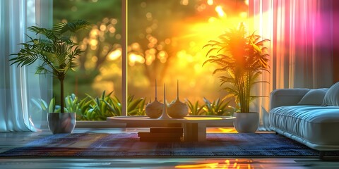 Streaming a Cozy Atmosphere: Virtual Luxury Living Room Background with Golden Hour Vibes. Concept Virtual Backgrounds, Luxury Living Room, Golden Hour, Cozy Atmosphere, Streaming