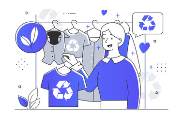 A woman buys recyclable clothing. Apparel from ecological materials. Recycling and reuse concept. Ecology and environment care . Reducing the amount of trash. Line art style flat vector illustration