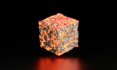 Silver sci fi cube with yellow and red neon glow on black background. Futuristic element, concept of new technolories. 3D rendering of one cube