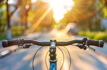 Close-up of bicycle handlebars with a blurred background of a sunny street, capturing the essence of an outdoor cycling adventure.