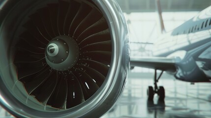 Close-up of a jet engine turbine on an airplane.