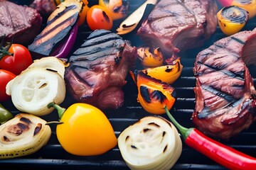 Assorted delicious grilled meat with vegetables over the coals on barbecue
