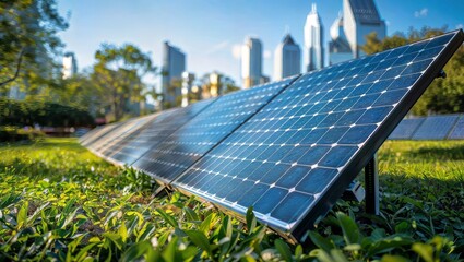 Fototapeta premium Solar panels installed in a park or green space with a cityscape in the background, highlighting the integration of renewable energy in urban environments.