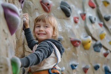 Smiling young boy enjoys indoor rock climbing, showing confidence and fun