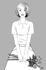 Blonde girl  holding a beautiful bouquet of white roses in her hands. Theme for birthday, holiday, gift giving. Black and white vintage engraving, stylized drawing. Vector illustration