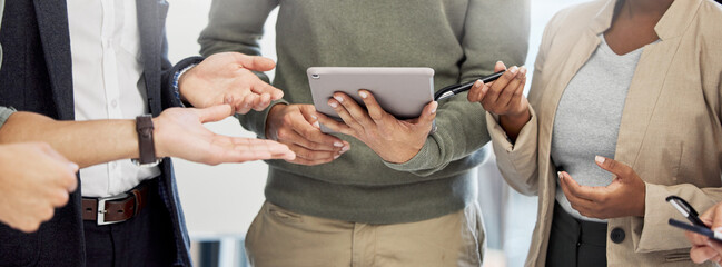 Startup, tablet or hands of business people in discussion or meeting for paperwork, review or...