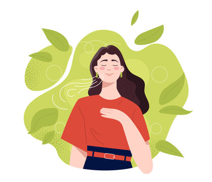Mental health concept with pretty young woman. Young girl doing breathing exercise. care. Awareness, mindfulness and meditation. Flat vector illustration isolated on white background