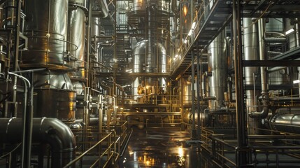 Fototapeta premium A modern oil refinerys interior showcases intricate piping and metal structures, illuminated softly at dusk. Reflections on the wet flooring enhance the industrial atmosphere.
