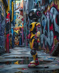 Colorful futuristic robot with headphones standing in graffiti alley, displaying a unique blend of urban and sci-fi aesthetics.