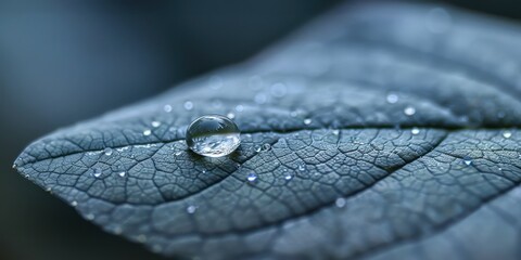 Close-up of a water droplet on a blue-toned leaf, highlighting texture and detail in natural macro photography.