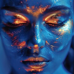 Close-up of a woman with artistic blue face paint and golden highlights, creating an ethereal and striking visual effect.