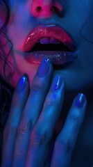 Close-up of a woman's lips and fingers with vibrant neon lighting, creating a seductive and glamorous vibe in an expressive, artistic portrait.