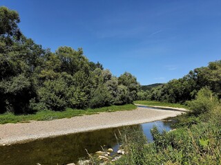 Dolina rzeki z kamienistą plażą w tle zielone drzewa, niebo błękitne bez chmur
