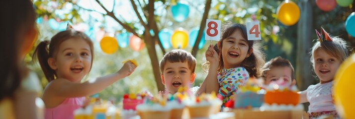 The joyful children are celebrating an outdoor birthday party with decorations, cupcakes, balloons, birthday hats, and a cake, creating a festive and happy atmosphere filled with laughter