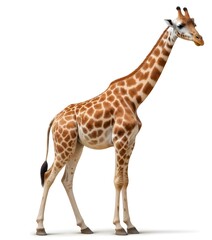 A tall, adult giraffe with a long neck and spotted fur standing against a plain white background