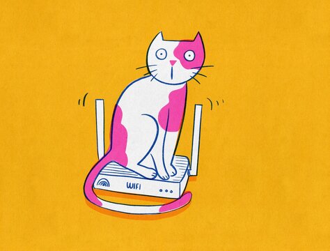 Whimsical Cat Sitting on Internet Router Illustration