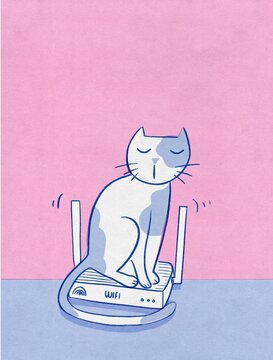 Cat sleeping on an internet wifi booster router. 
