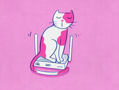 Cat sleeping on a Warm Internet Router Nap