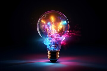 Incandescent lamp with colorful smoke, on a dark background. Creative light bulb exploding with colorful paint. Concept: new generation lighting, energy saving.