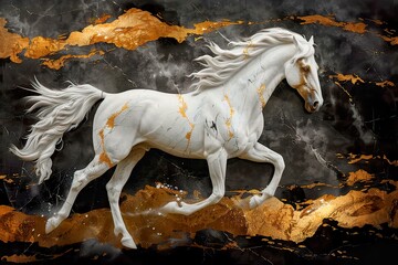 3 panel wall art, marble background with horse silhouette black
