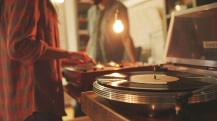 Naklejka premium A closeup of friends admiring a vintage record player its warm tone filling the room with music.