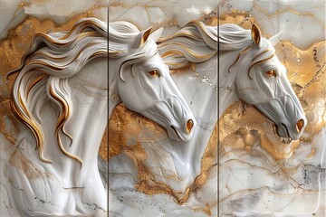 3 panel wall art, marble background with horse silhouette black