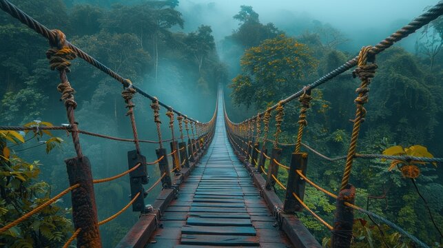 A rope bridge with a wooden base crosses a tropical canyon, symbolizing adventure and exploration
