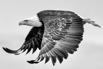 a bald eagle flies over a field near grass, with a cloudy sky behind it