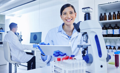 Happy, woman and portrait with tablet in laboratory for medical research, online reports and...
