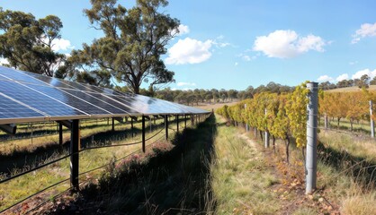 Discover the innovative integration of solar panels in agriculture, showcasing the harmonious blend of agrovoltaics with grapevines, harnessing renewable energy while cultivating crops.