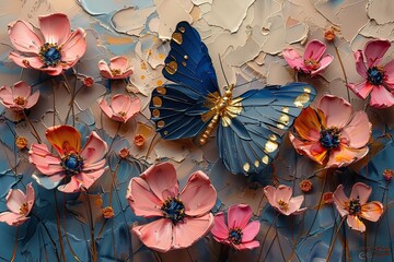 3d bright colorful flowers in pink and blue tones and butterfly wth gold tinta vibrant and colorful painting of flowers and butterflies