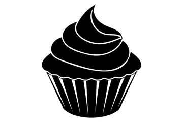 Black silhouette of cupcake isolated on white backdrop. Minimalist graphic illustration. Concept of dessert, baking, sweet food. Icon, pictogram, template, sign, logotype, print, design element
