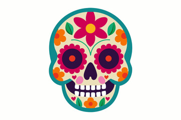 Colorful sugar skull with floral designs for Day of the Dead. Isolated on white backdrop. Concept of Dia de los Muertos, Halloween, sugar skull, celebration, Mexican tradition