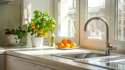 AI generated illustration of a minimalist white kitchen countertop with a silver faucet and oranges
