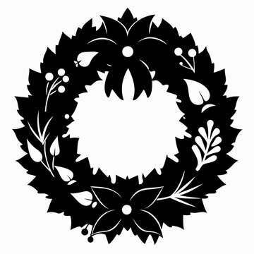 recommend clip art: Black silhouette of Christmas wreath isolated on white background. Graphic art. Concept of minimalist holiday decor, seasonal greeting. Print, design element