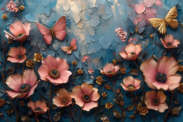 3d bright colorful flowers in pink and blue tones and butterfly wth gold tinta vibrant and colorful painting of flowers and butterflies