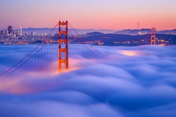 Obraz premium AI generated illustration of the Golden Gate Bridge at dawn, surrounded by a sea of fog