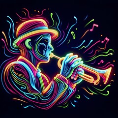 Neon Line Art of Musician Playing Trumpet