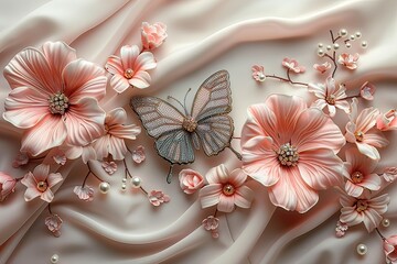 3D diamond painting, pink satin fabric with flowers and butterfly in pastel colors, decorated with pearls and rhinestones, elegant background for