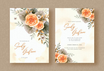 arrangement of orange flowers at corner frame hand painting on wedding invitation card