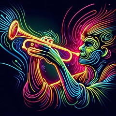 Neon Line Art of Musician Playing Trumpet