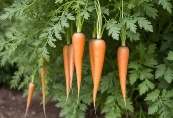 Carrots hanging from a plant with leaves in the background
