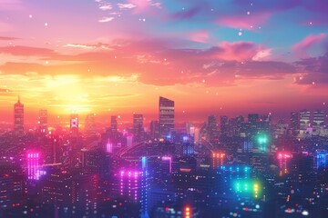 Obraz premium Serene cityscape at sunset with a gradient sky of orange, pink, and purple hues. The city's skyscrapers are lit up, blending with the colorful sky, creating a harmonious